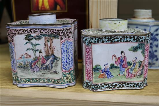 Two Chinese enamel tea caddies and three porcelain caddies largest 11cm